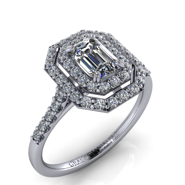 Plat Emerald cut Dmnd Dbl Halo Ring with Studded Shank