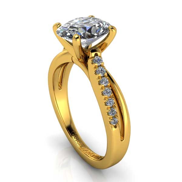 YG Oval cut Dmnd w Triple Dmnd and Gold Shank Ring and Band