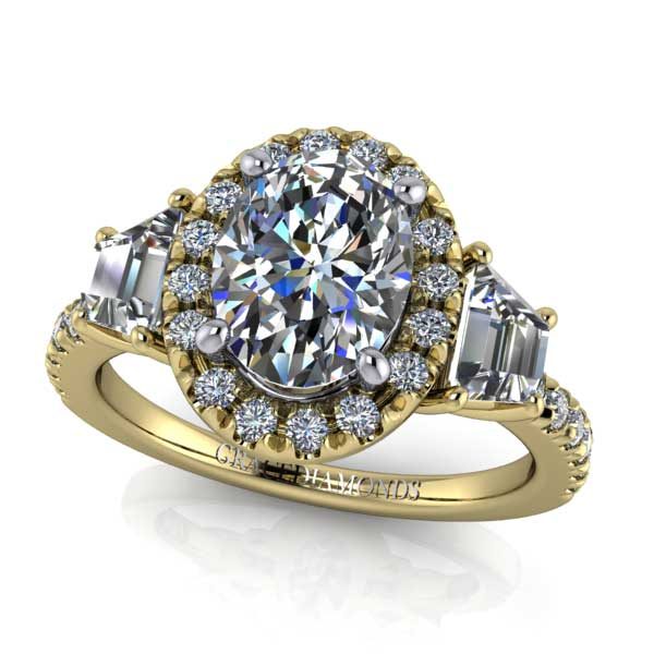 Y&W Gold Oval Dmnd Eng Ring w Dmnd Side and Halo stones