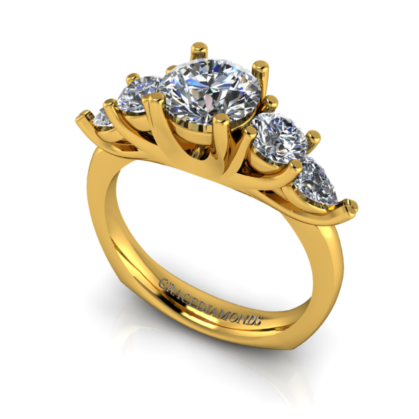 YG 5 stone RBC Diamond Centre and Pear cut Side stone ring