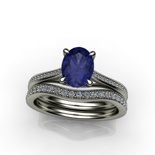 W-Gold Oval Cut Sapphire ring with Diamond Band Wedding Band