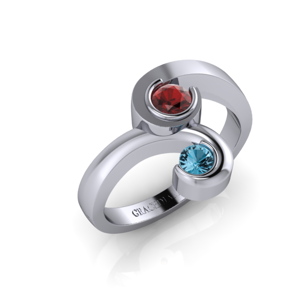 W-Gold Scroll Birthstone ring set w Ruby & Aquamarine stones