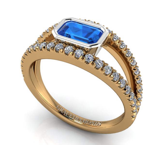 Y&W Gold Bezel Set Blue Sapphire and Diamond set Split Shank