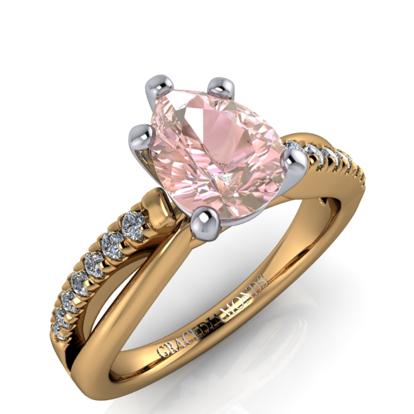 Y&W Gold Pear Cut Pink Sapphire Ring with Dmnd Split Shank