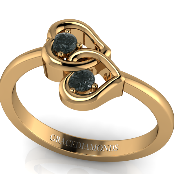Yellow Gold Black Diamond ring with Interlocking Hearts