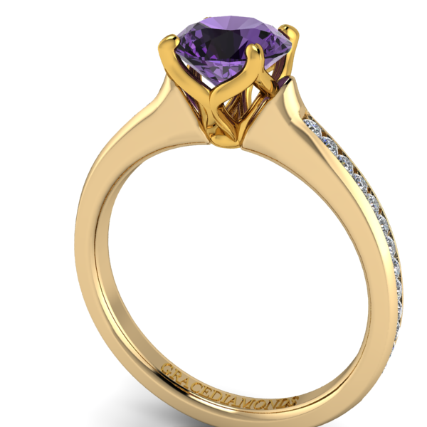 Yellow Gold Amethyst Solitaire with Diamond shank