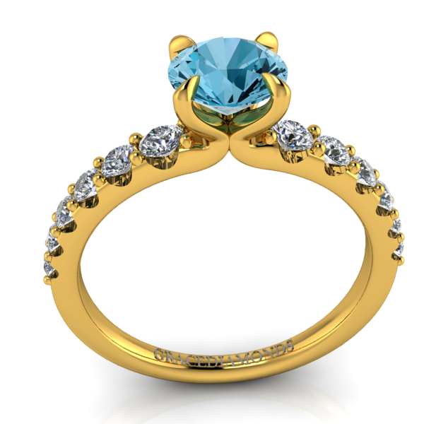 Y-Gold Round Cut BlueTopaz ring and Diamond Set Band