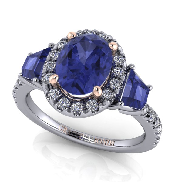 Oval Sapphire Diamond Halo Sapphire side stones Ring