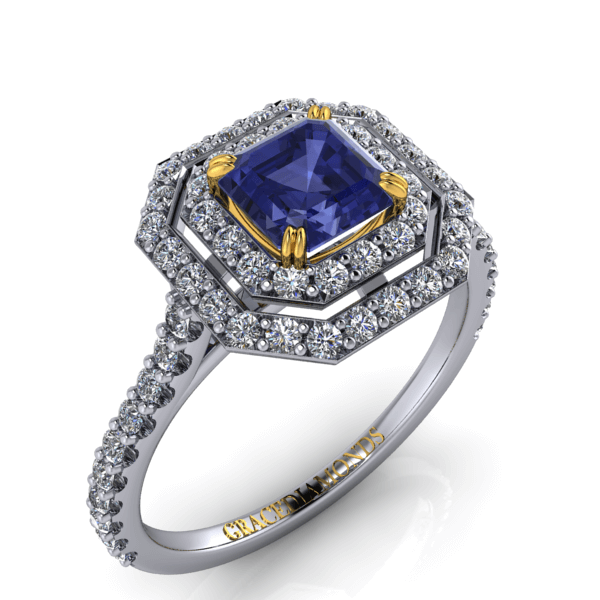 Princess Cut Sapphire and Octagonal Double Diamond Halo Ring