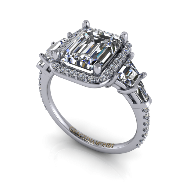Emerald Cut Diamond with Diamond Halo and Side Stones Ring