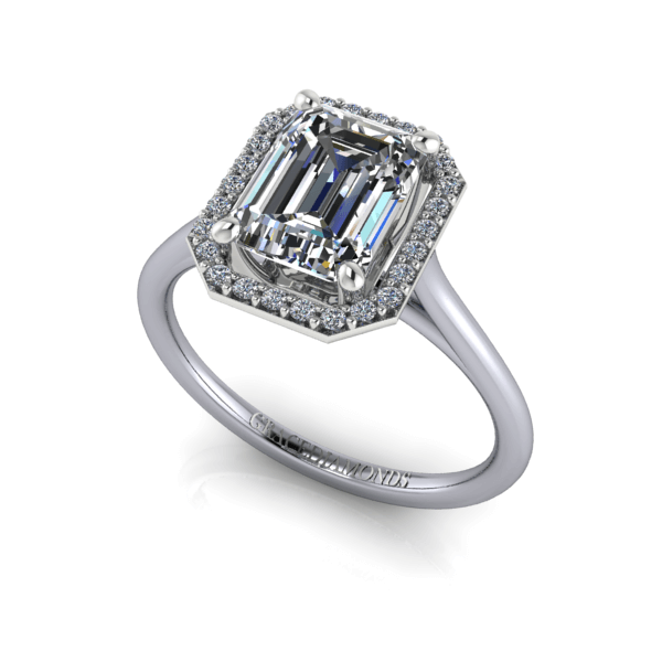 Platinum Ring With Emerald Cut Diamond and Octagonal Halo
