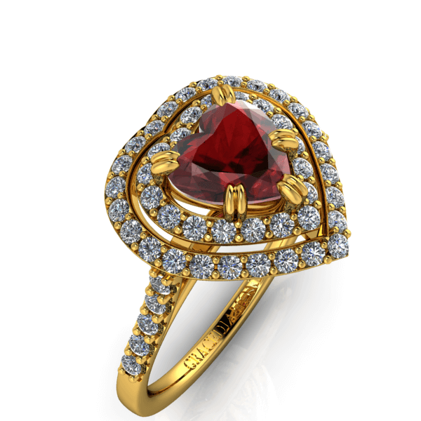 Heart Cut Ruby with Double Diamond Halo Ring