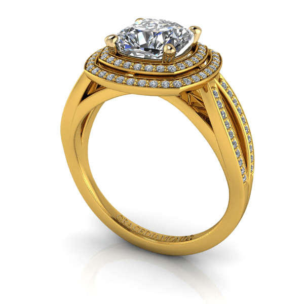 Round Diamond Ring With Double Halo and Split Shank