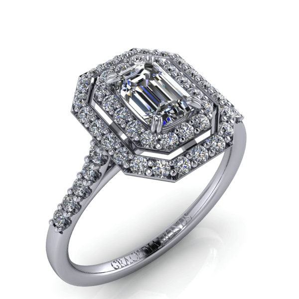 Emerald Cut Diamond and Double Halo Ring