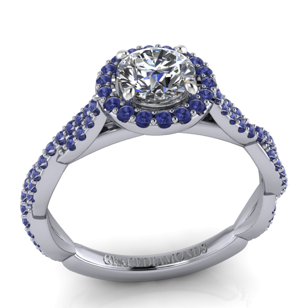 Round Cut Diamond with Sapphire Halo and Twisted Shank Ring