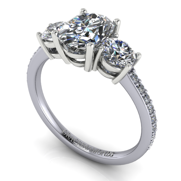 White Gold Oval and Round Cut Diamond Ring with Pave Band