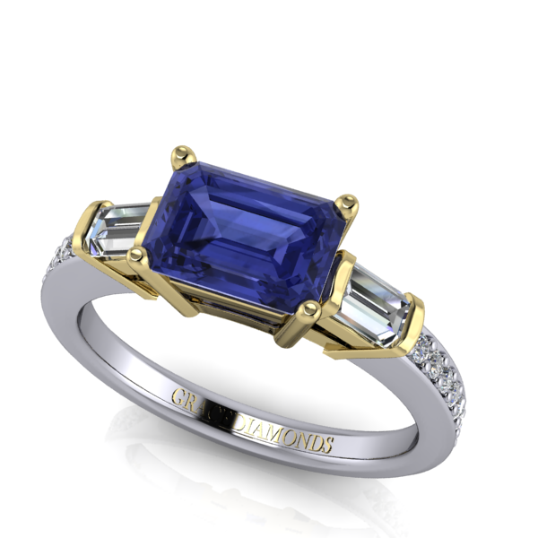 Gold Ring with East West Set Blue Sapphire and Diamonds