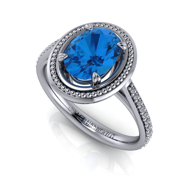 White Gold Oval Cut Blue Topaz and Halo with Beading