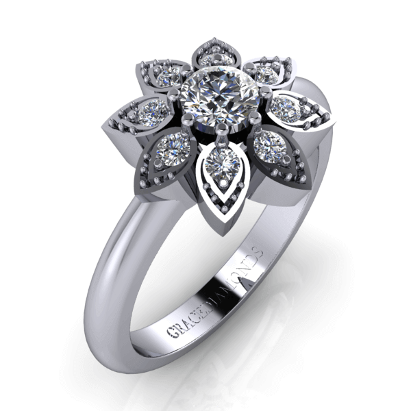 White Gold Round Cut Diamond Floral Cluster Ring