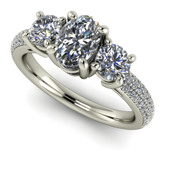 White Gold Oval and Round Cut Diamond Ring with Pave Band