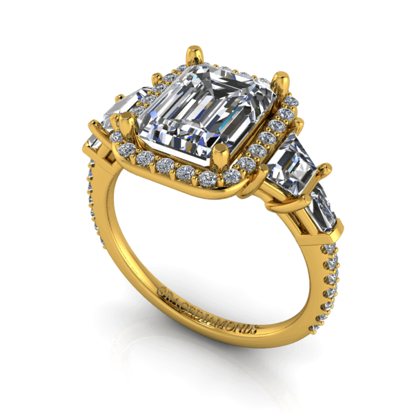 Yellow Gold Emerald Cut Diamond Halo and side stones ring