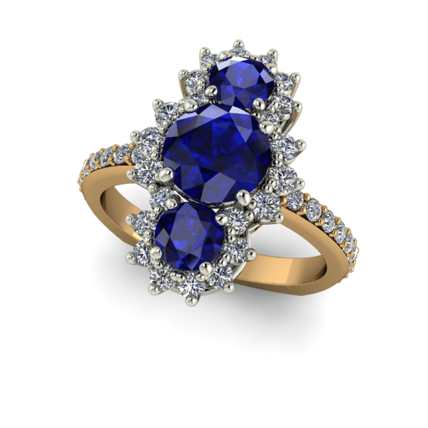 Yellow and White Gold 3 Stone Sapphire Diamond Halo and Band