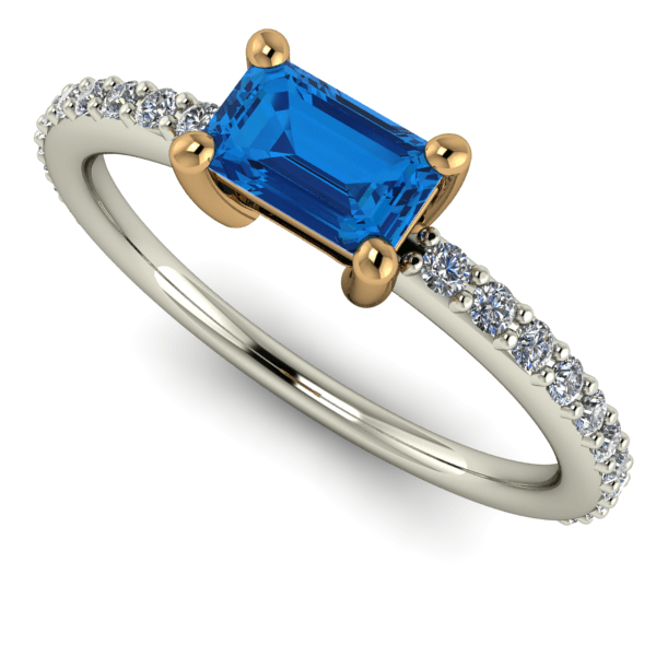 9kt White Gold Emerald Cut Blue Topaz and Diamond Band