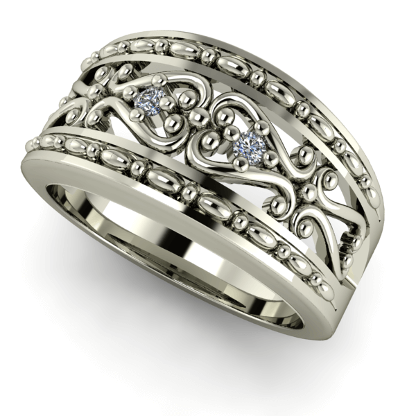 9kt White Gold Scroll Work and Diamonds Ring