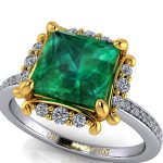 Ring-087-RG-04-Y_W-Gold-Princess-Cut-Emerald-ring-with-Dmnd-Halo-Shank